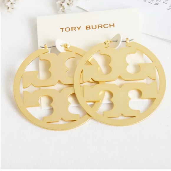 TORY BURCH GOLD LG. MILLER HOOP LOGO EARRINGS NWB! - Picture 2 of 8